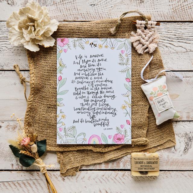 Handmade gifts. Soap, flowers, art print, macrame and ceramic flower.