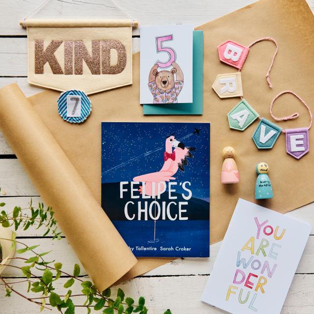 Children frinedly products. Book, notepad, home decor.