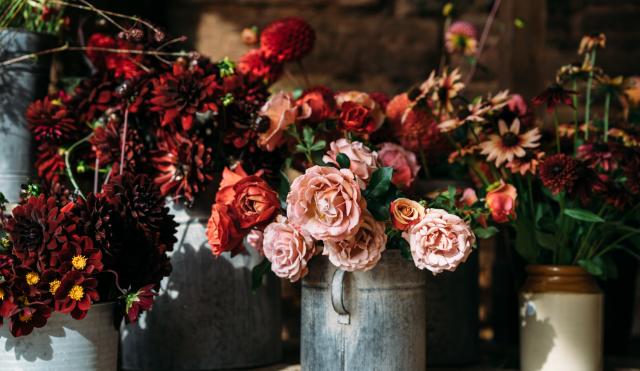 Floral display, red and light pink flowers in an assortment of buckets