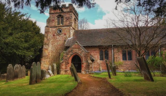 Churchyard with headstones in foreground