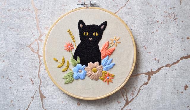 image of a cat embroidered onto a circular frame